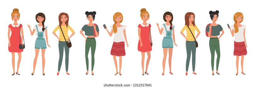 Bundle of young pretty girls isolated on white background. Front  and 3/4 view. Flat cartoon colorful vector illustration.