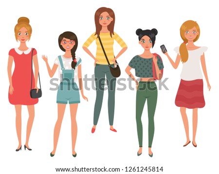 Bundle of young pretty girls isolated on white background. Front view. Flat cartoon colorful vector illustration.