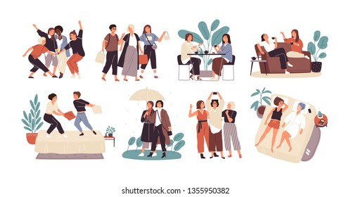 Bundle of young women or girl friends spending time together - drinking tea at cafe, walking with umbrella, pillow fighting, shopping, taking selfie. Cute cartoon characters. Flat vector illustration.