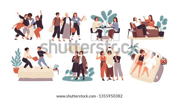 カフェでお茶を飲む 傘で歩く 枕闘い 買い物 自撮りなど 若い女性や少女の友達が集まる かわいい漫画のキャラクター 平らなベクターイラスト のベクター画像素材 ロイヤリティフリー 1355950382