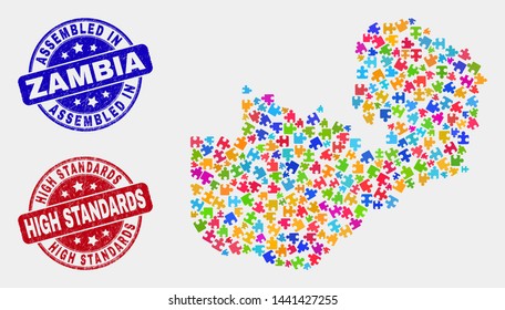 Bundle Zambia map and blue Assembled seal stamp, and High Standards grunge stamp. Colorful vector Zambia map mosaic of bundle. Red rounded High Standards stamp.