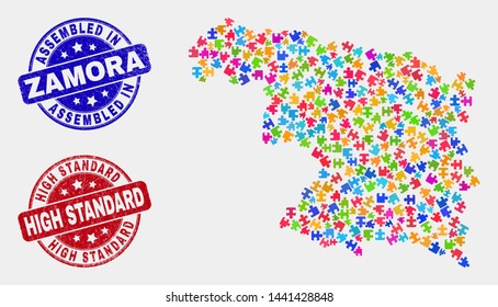 Bundle Zamora Province map and blue Assembled seal stamp, and High Standard distress seal. Bright vector Zamora Province map mosaic of plugin. Red round High Standard seal.