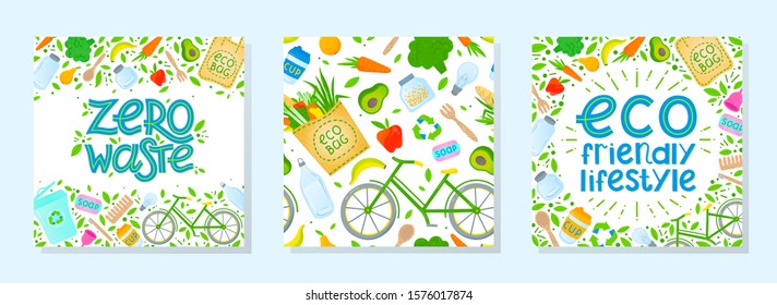 Bundle of zero waste vector illustrations and seamless pattern.Healthy lifestyle principals.Perfect for prints,flyers,banners,eco posters,covers,typography design,social media.