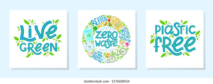 Bundle of zero waste vector lettering.Ink brush inscription.Eco friendly lifestyle slogans,hand drawn illustrations.Perfect for product signs,labels,stickers,eco posters,typography design and more