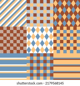 bundled seamless background with various patterns in brown-blue-cream tones
