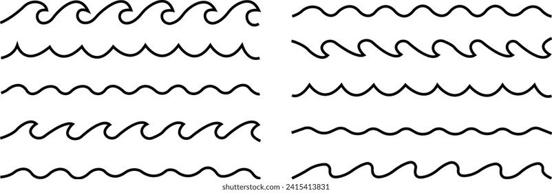 bundled wave icon logo vector minimal design element set, line art wave pack logo design, simple doodle wave. flat simple lines, Sea wave icon. Water logo, line ocean symbol in vector trendy style.