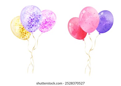 Bundles of balloons. Vector set of watercolor colorful balloons.