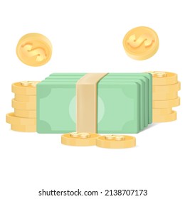 Bundles cash and coins isolated on a white background. 3d vector illustration.