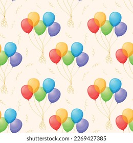 Bundles of colorful flying balloons on a string. Vector cartoon seamless pattern.