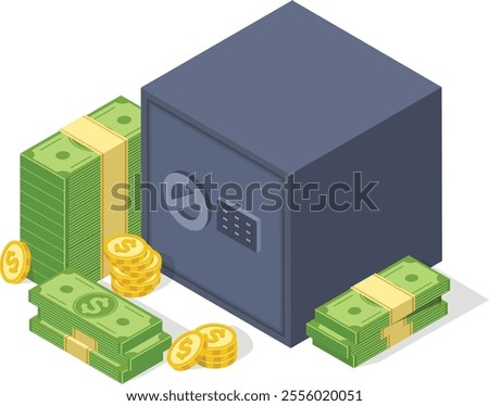 Bundles of dollar banknotes and stacks of golden coins are surrounding a closed steel safe with a digital keypad, suggesting security, savings, and financial safety