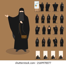 Bundles of flat vector illustrations of faceless Arabian women in traditional Muslim clothes (khimar and niqab) with many gestures