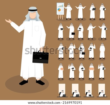 Bundles of flat vector illustrations of faceless arab businessmen in traditional Muslim clothes with many gestures