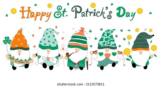 Bundles Happy Patrick's Day with the cute gnomes. Designed in green tones Can be modified for a variety of uses, such as decorating Patrick's day, T-shirt designs, stickers, pillow patterns, postcards