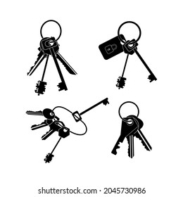 Paquetes de llaves de diferentes tamaños para morada y candados en negro sobre fondo blanco. Una imagen vectorial.