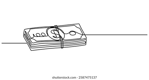 bundles of money, cash, banknotes, dollars, euro one line art, a stack of paper money, cash, banknotes, dollars, in one line. Continuous line drawing of dollars, Single continuous line drawing money. 