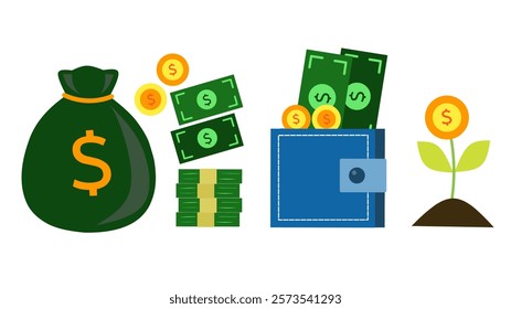 Bundles of money and coins with currency dollar symbol. Wealth cash bag, savings wallet, and investment icon.