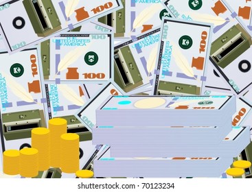 Bundles of money and piles of coins on the background of the banknotes with images on them armored safe.
