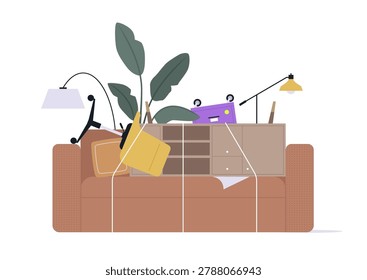 Bundles of moving items, including a cozy couch loaded with boxes, a vibrant plant, and eclectic decor bring excitement to a new adventure in relocation.