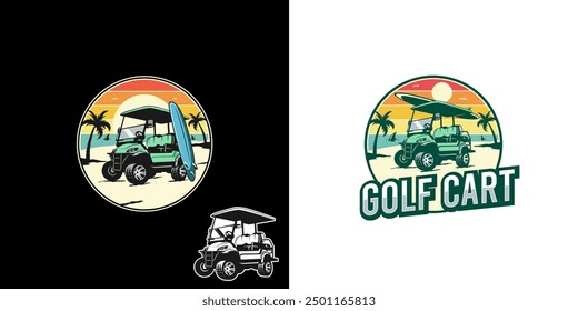 Die Bundles Retro-Logo-Illustration zeigt einen Sonnenuntergang, Palmen und ein Surfbrett, das sich an einen Golfwagen lehnt.