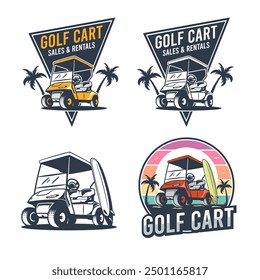 La ilustración del logotipo de Paquetes Retro presenta una puesta de sol, palmeras y una tabla de surf apoyada contra un Carrito de golf.