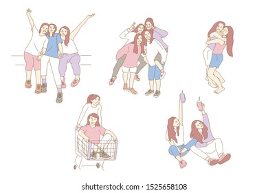 Bundles of young women or female friends spend time together - drinking tea in cafes, jumping merrily, sitting relaxed, shopping, taking selfies. Flat vector illustration in handwriting
