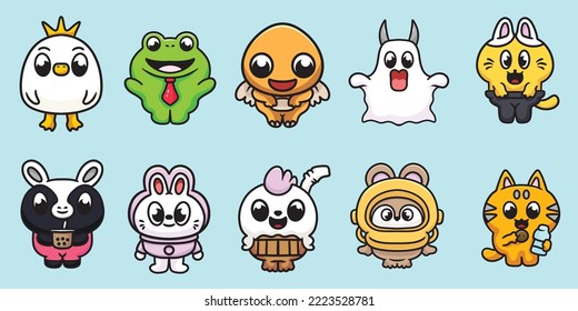 Bundling Cute Mascot Animals And Monster Cartoon Vector