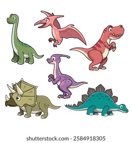 Bundling of dinosaur cartoon illustrations. T-rex, triceratops, stegosaurus, pteranodon, ornithopods, brontosaurus characters.