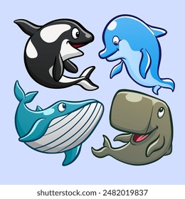 Bundling Handdrawn Illustration Isolated Sea Mammal Dolphin, Orca, Blue Whale and Sperm Whale for Decoration and Sticker