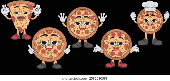 Bundling set Cartoon pizza character. Happy pizzeria mascot character. Vector coloring page.
