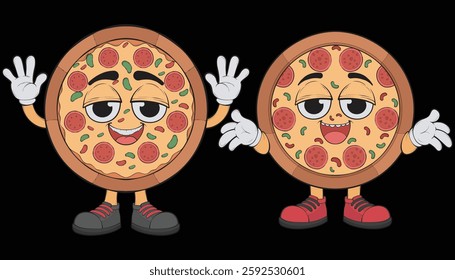 Bundling set Cartoon pizza character. Happy pizzeria mascot character. Vector coloring page.
