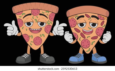 Bundling set Cartoon pizza character. Happy pizzeria mascot character. Vector coloring page.
