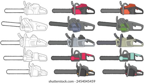 Bundling set of Chainsaw isolated illustration, vector art, Chainsaw vector, petrol chain saw, modern chainsaw, art concept, vector.
