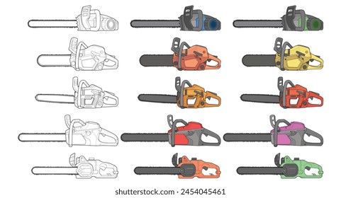 Bundling set of Chainsaw isolated illustration, vector art, Chainsaw vector, petrol chain saw, modern chainsaw, art concept, vector.
