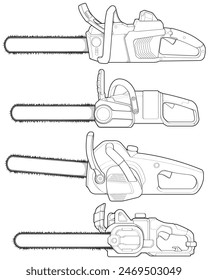 Bundling set of Chainsaw isolated illustration, vector art, Chainsaw vector, petrol chain saw, modern chainsaw, art concept, vector.
