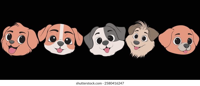 Bundling set Head Dog Character Illustration, Coloring Book Page with Dog, Isolated Head Dog with Black Background.
