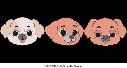 Bundling set Head Dog Character Illustration, Coloring Book Page with Dog, Isolated Head Dog with Black Background.
