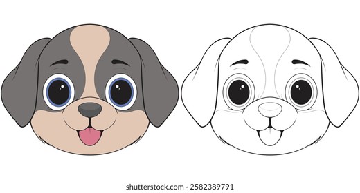 Bundling set Head Dog Character Illustration, Coloring Book Page with Dog, Isolated Head Dog with white Background.
