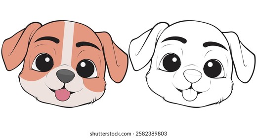 Bundling set Head Dog Character Illustration, Coloring Book Page with Dog, Isolated Head Dog with white Background.
