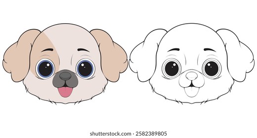 Bundling set Head Dog Character Illustration, Coloring Book Page with Dog, Isolated Head Dog with white Background.
