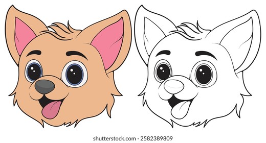 Bundling set Head Dog Character Illustration, Coloring Book Page with Dog, Isolated Head Dog with white Background.
