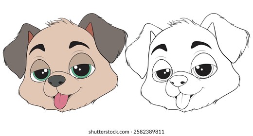 Bundling set Head Dog Character Illustration, Coloring Book Page with Dog, Isolated Head Dog with white Background.
