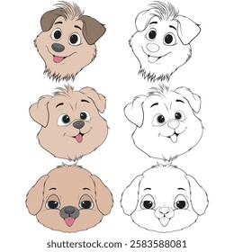 Bundling set Head Dog Character Illustration, Coloring Book Page with Dog, Isolated Head Dog with white Background.
