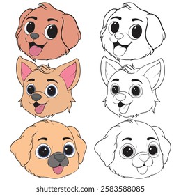 Bundling set Head Dog Character Illustration, Coloring Book Page with Dog, Isolated Head Dog with white Background.

