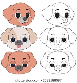 Bundling set Head Dog Character Illustration, Coloring Book Page with Dog, Isolated Head Dog with white Background.
