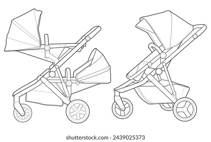 Conjunto de paquete de cochecito de bebé vector de contorno aislado sobre fondo blanco. Ilustración vectorial de un estilo de esbozo.
