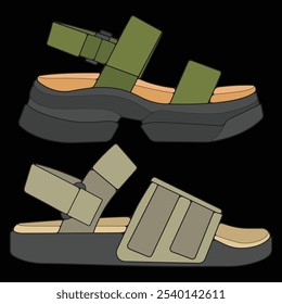 Bundling set sandal vector illustration on black	 background . Summer shoe of sandal cartoon. Isolated cartoon summer footwear.
