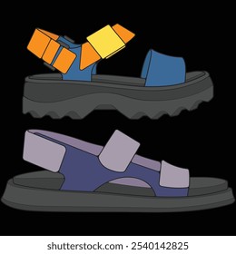 Bundling set sandal vector illustration on black	 background . Summer shoe of sandal cartoon. Isolated cartoon summer footwear.
