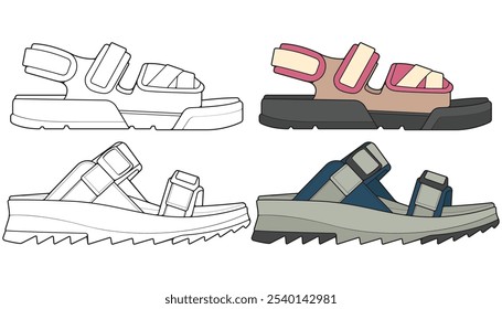 Bundling set sandal vector illustration on black	 background . Summer shoe of sandal cartoon. Isolated cartoon summer footwear.
