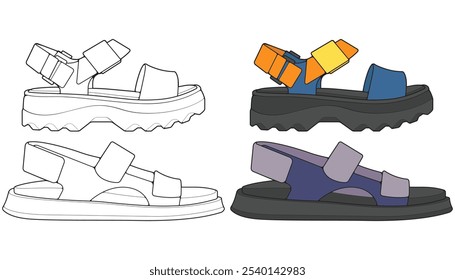 Bundling set sandal vector illustration on black	 background . Summer shoe of sandal cartoon. Isolated cartoon summer footwear.
