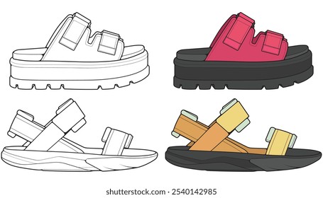 Bundling set sandal vector illustration on black	 background . Summer shoe of sandal cartoon. Isolated cartoon summer footwear.
